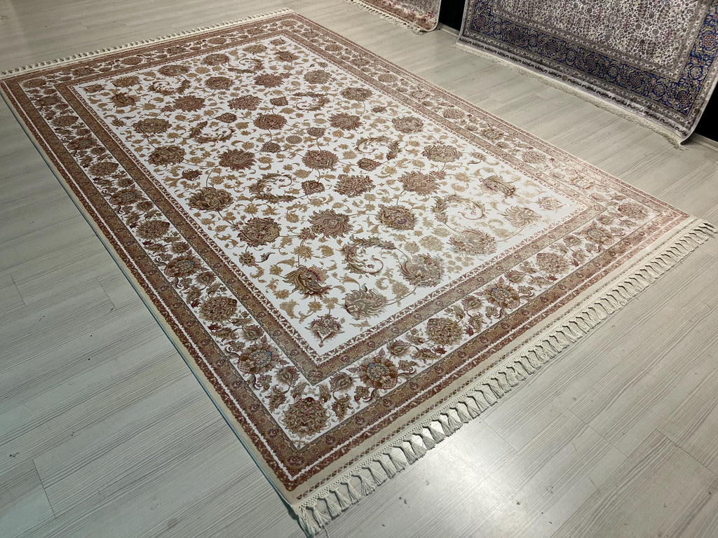 7x10 Beige Floral Modal Silk Turkish Rug, Classic Oriental Area Rug for Living Room