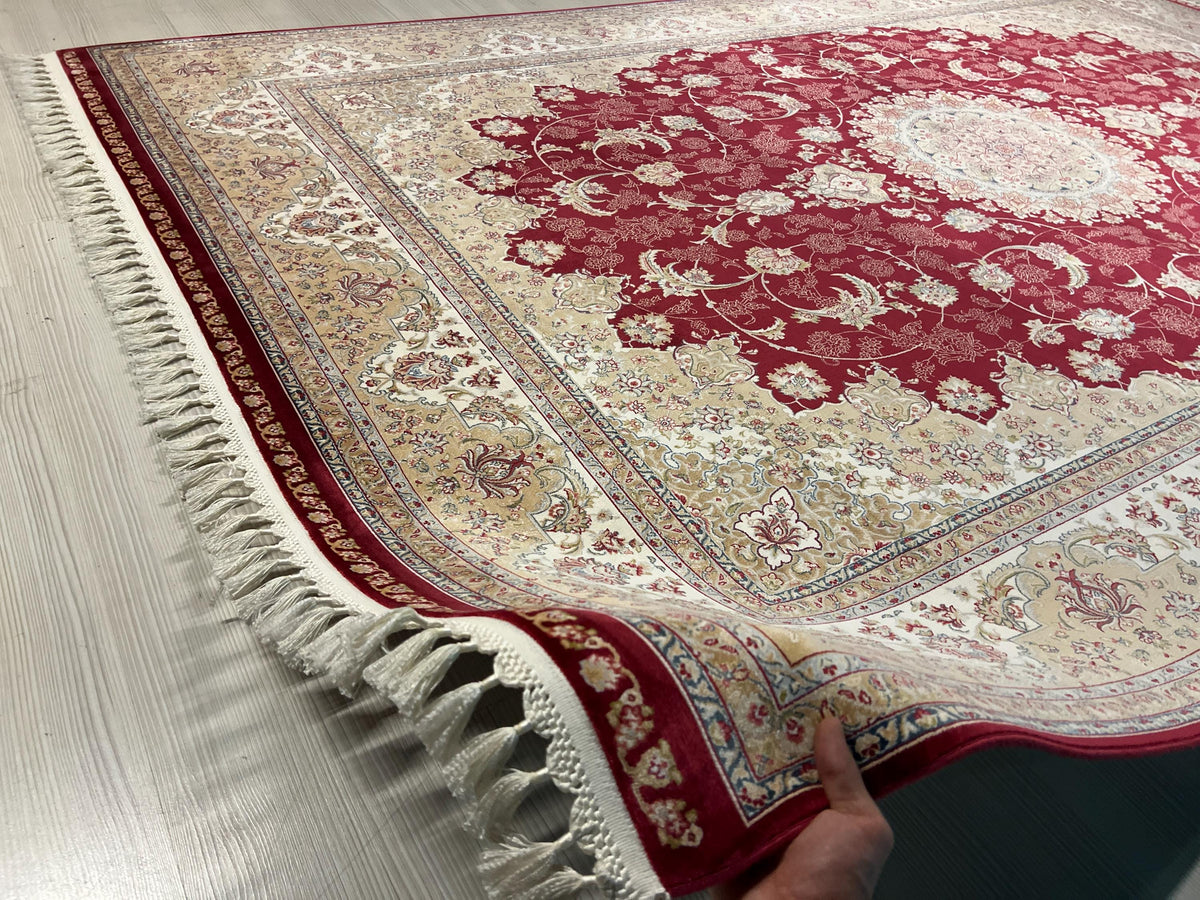 7x10 ft Burgundy Floral Medallion Bamboo Silk Rug, Traditional Living Room Area Rug