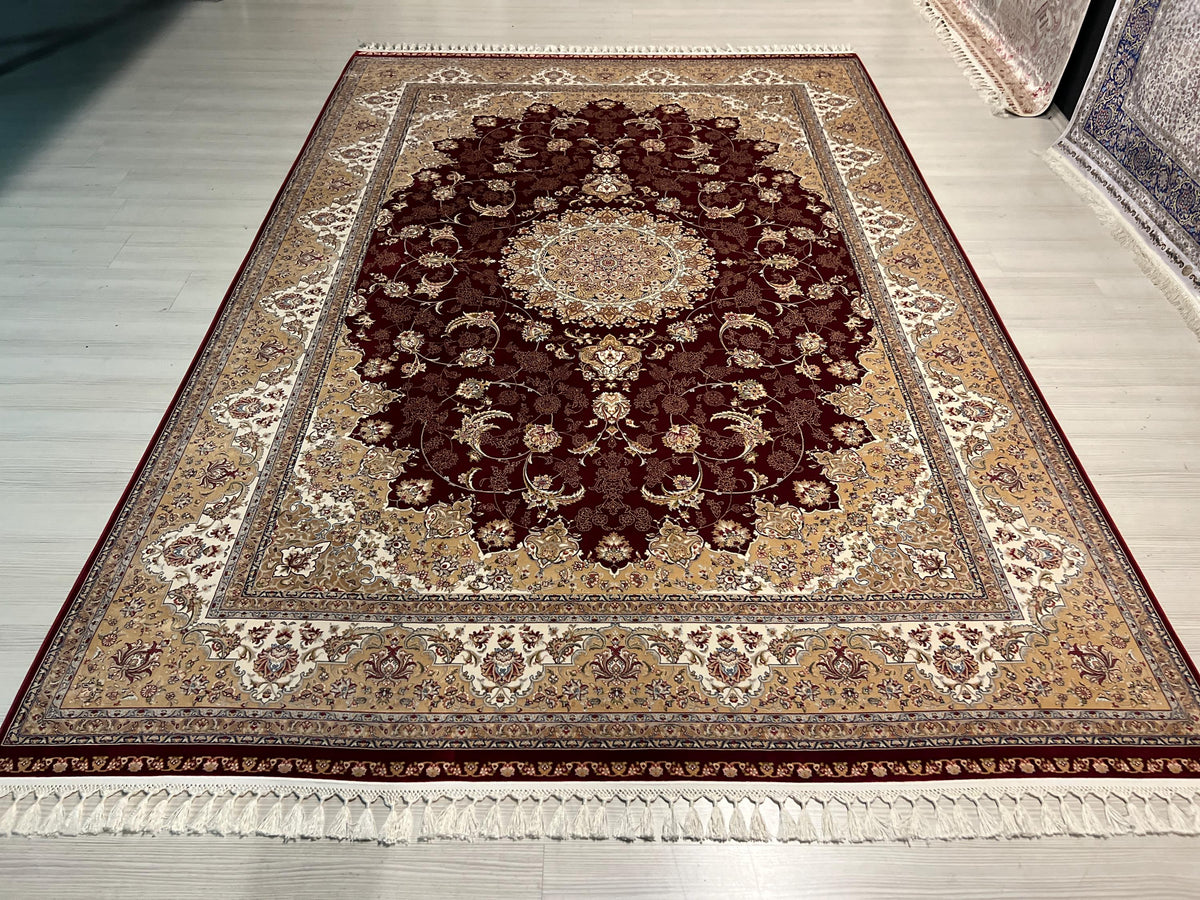 8x11 Red Gold Medallion Rug, Turkish Modal Silk Carpet, Luxury Living Room