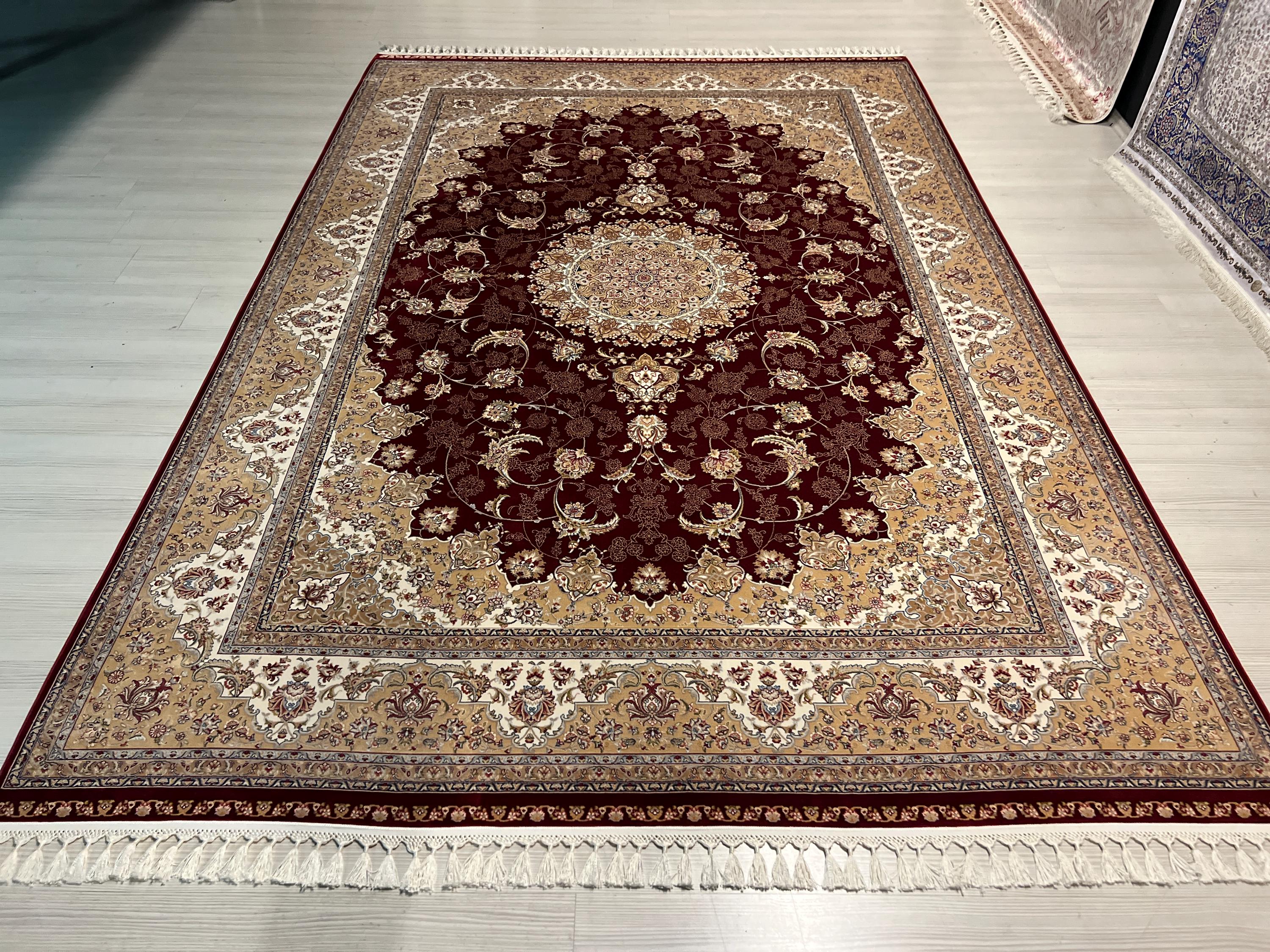 7x10 ft Burgundy Floral Medallion Bamboo Silk Rug, Traditional Living Room Area Rug