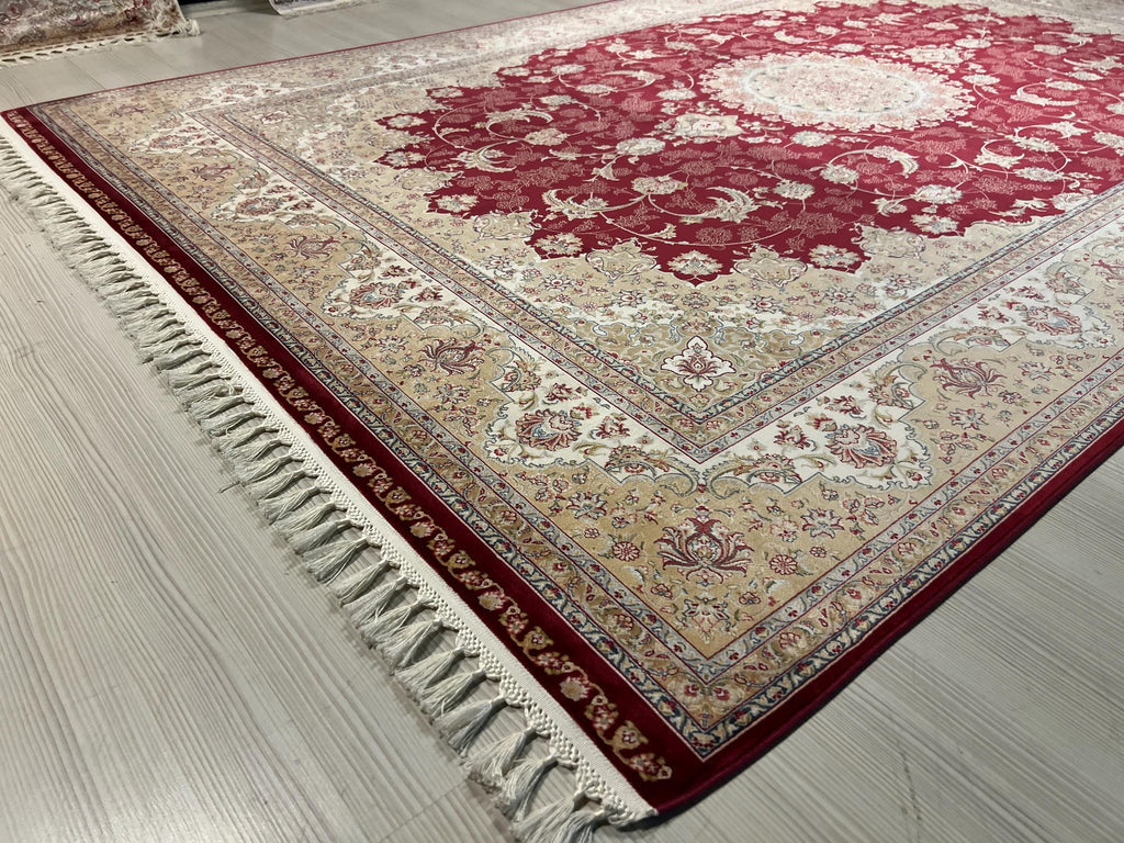 8x11 Red Gold Medallion Rug, Turkish Modal Silk Carpet, Luxury Living Room