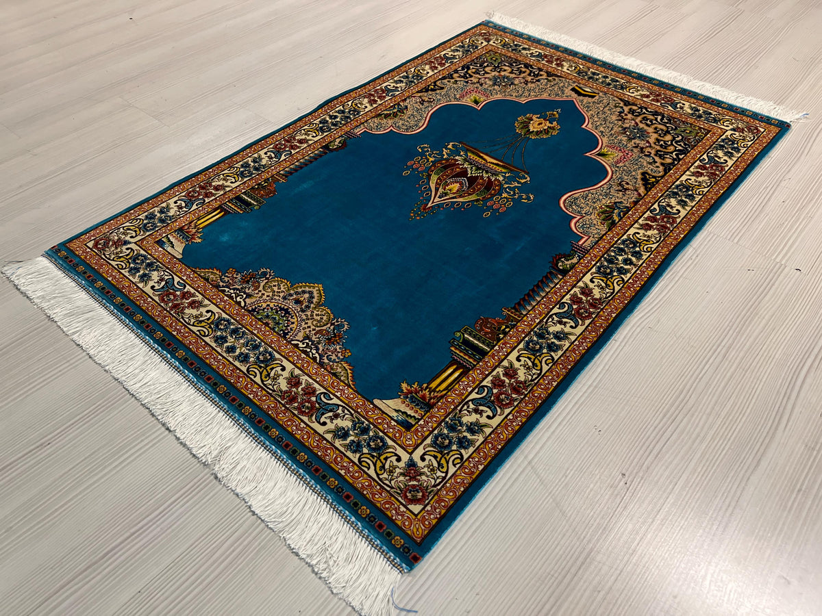 Turquoise Muslim Prayer Rug, Modal Silk Sajjadah, Ottoman Mihrab Prayer Mat