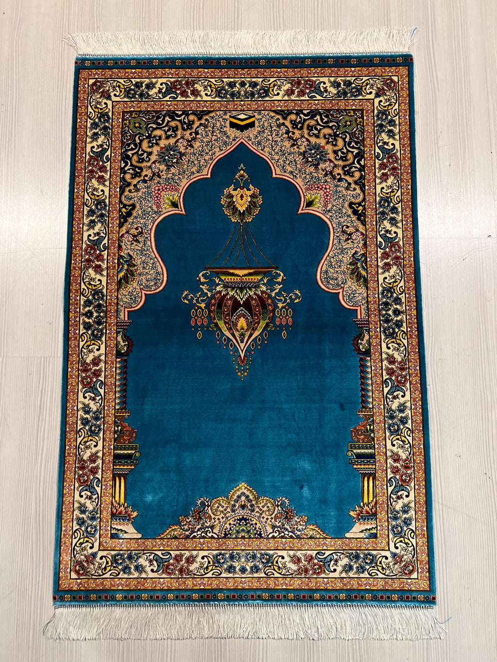 Turquoise Muslim Prayer Rug, Modal Silk Sajjadah, Ottoman Mihrab Prayer Mat