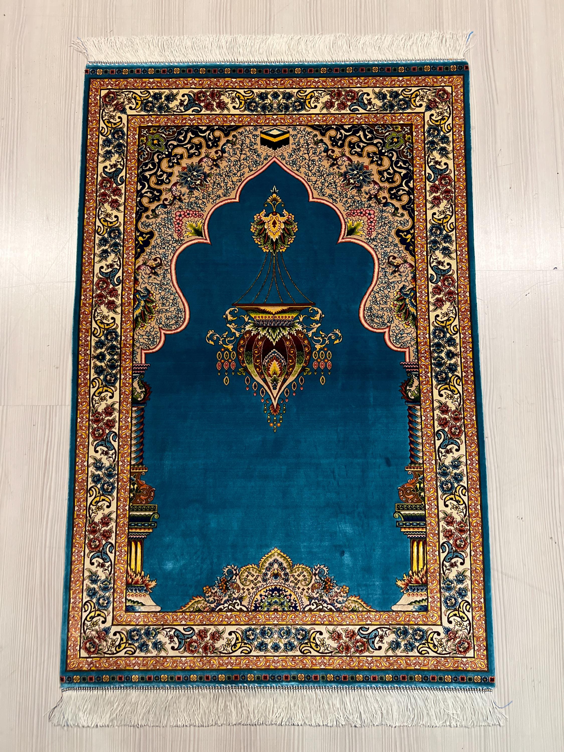 Turquoise Muslim Prayer Rug, Modal Silk Sajjadah, Ottoman Mihrab Prayer Mat