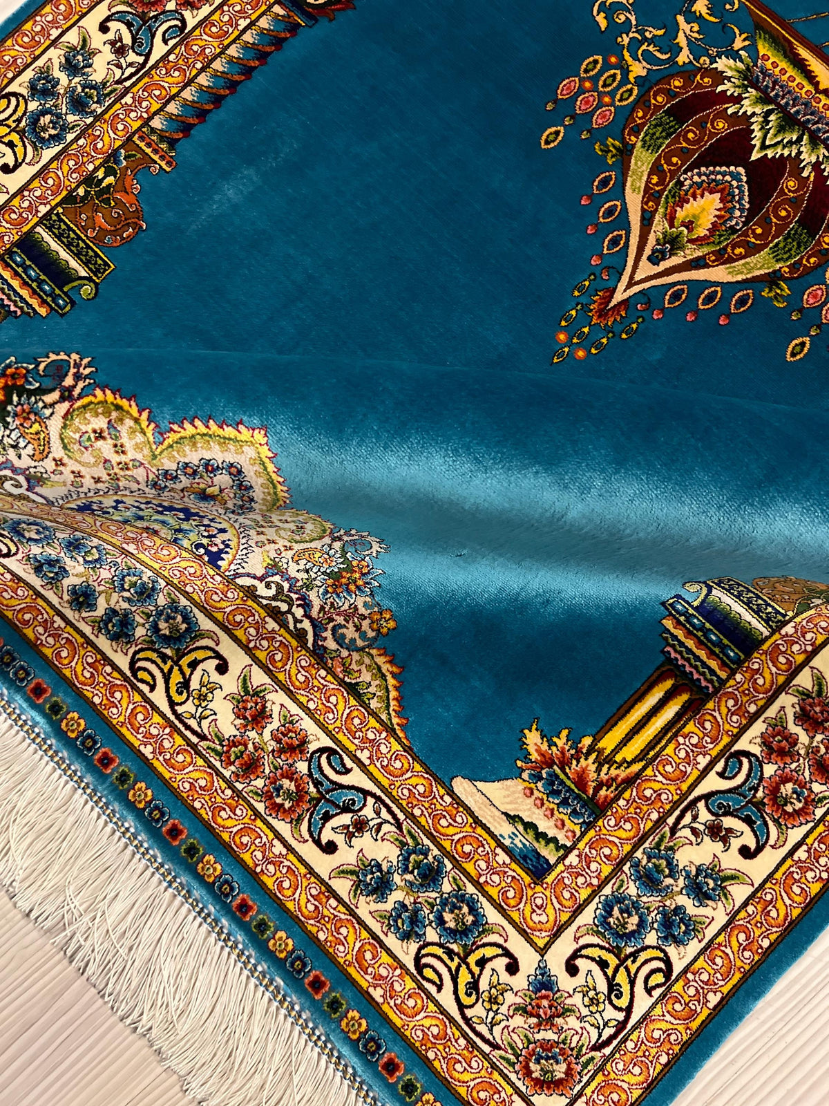 Turquoise Muslim Prayer Rug, Modal Silk Sajjadah, Ottoman Mihrab Prayer Mat
