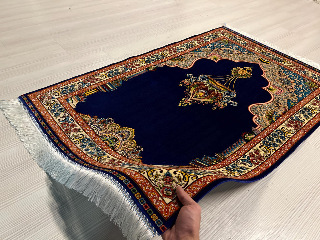 Dark Blue Silk Prayer Rug, Luxury Janamaz  Muslim Prayer Mat