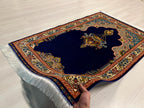 Dark Blue Silk Prayer Rug, Luxury Janamaz  Muslim Prayer Mat