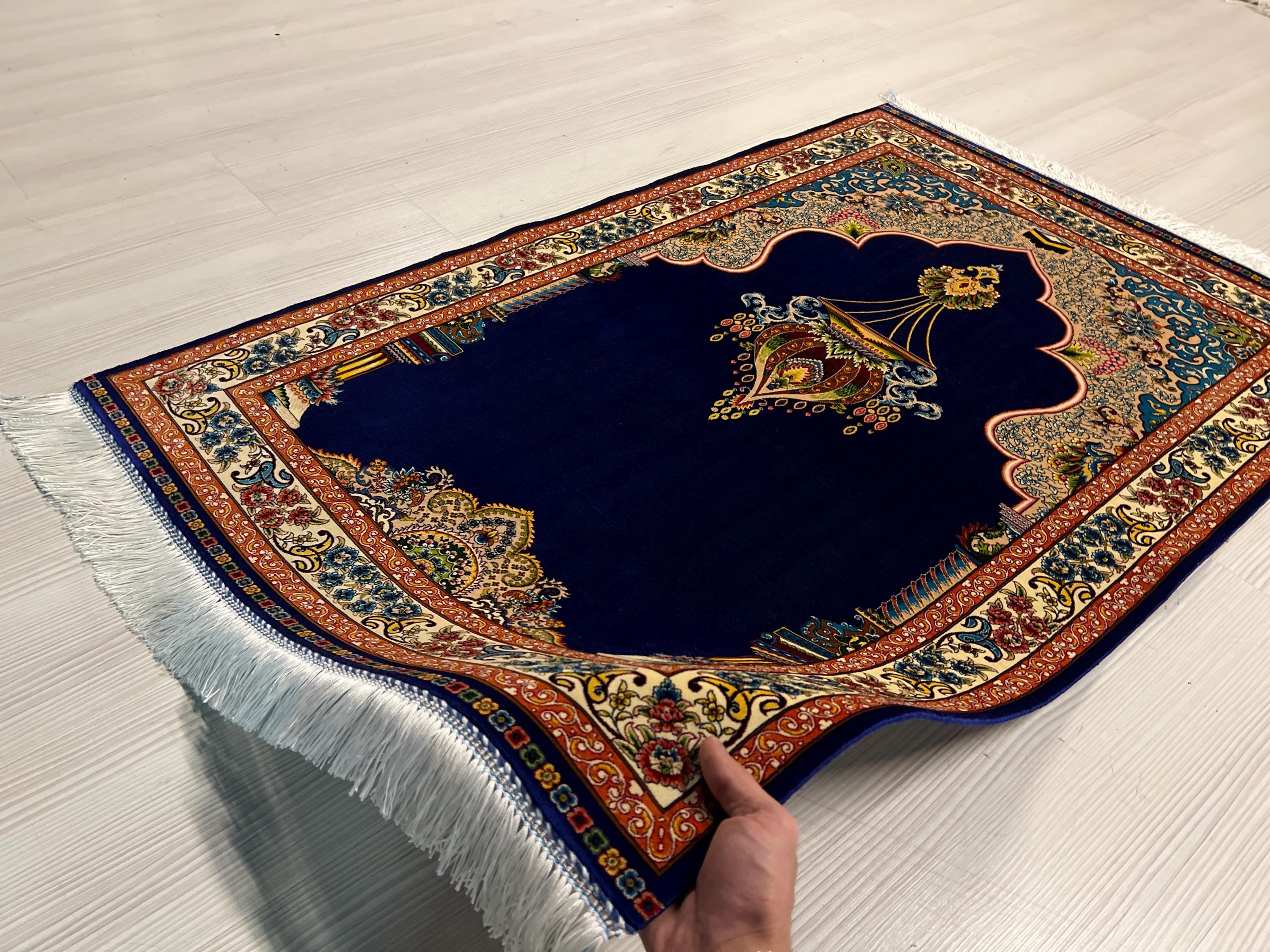 Dark Blue Silk Prayer Rug, Luxury Janamaz  Muslim Prayer Mat
