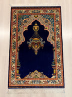 Dark Blue Silk Prayer Rug, Luxury Janamaz  Muslim Prayer Mat