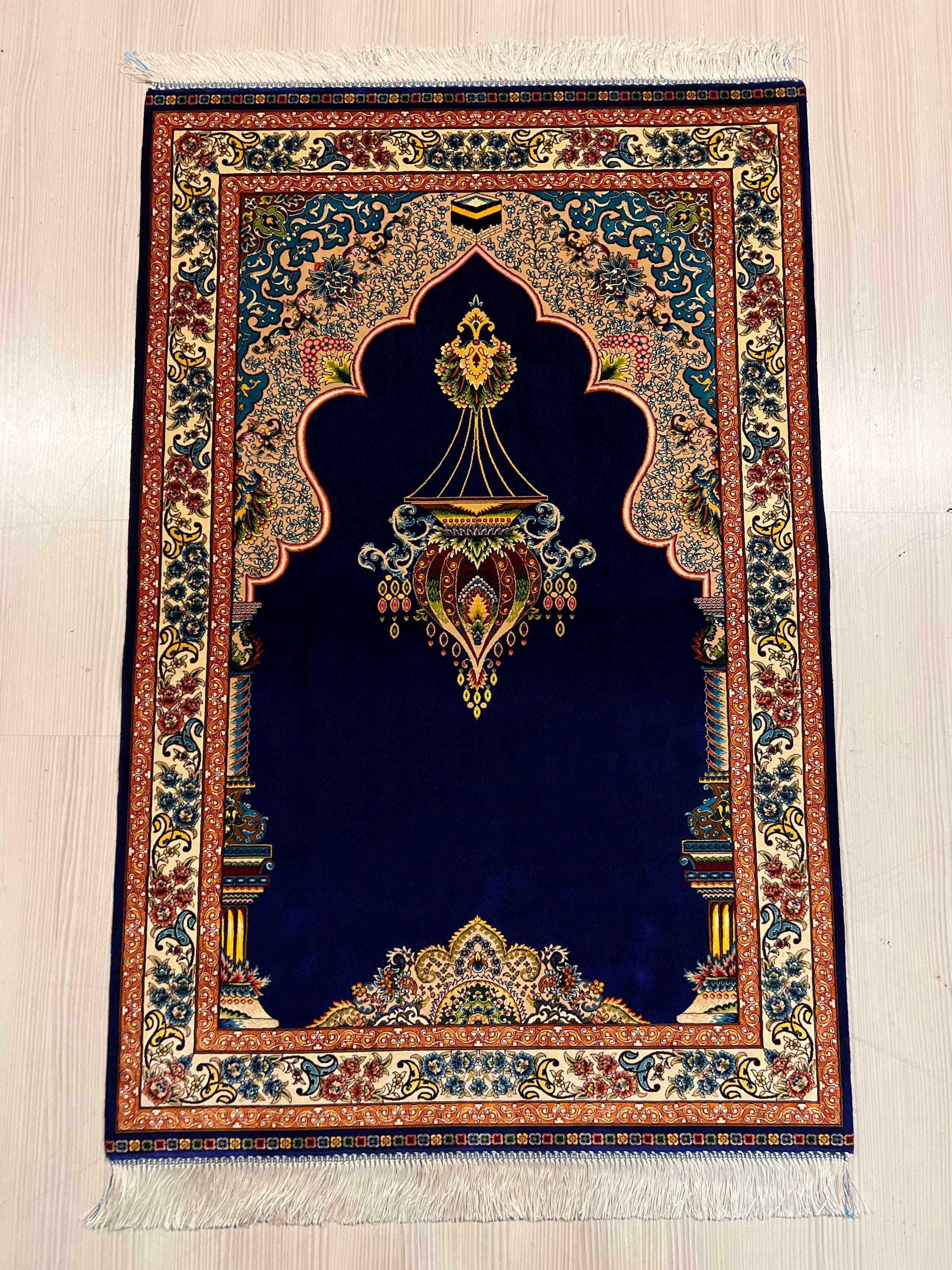 Dark Blue Silk Prayer Rug, Luxury Janamaz  Muslim Prayer Mat