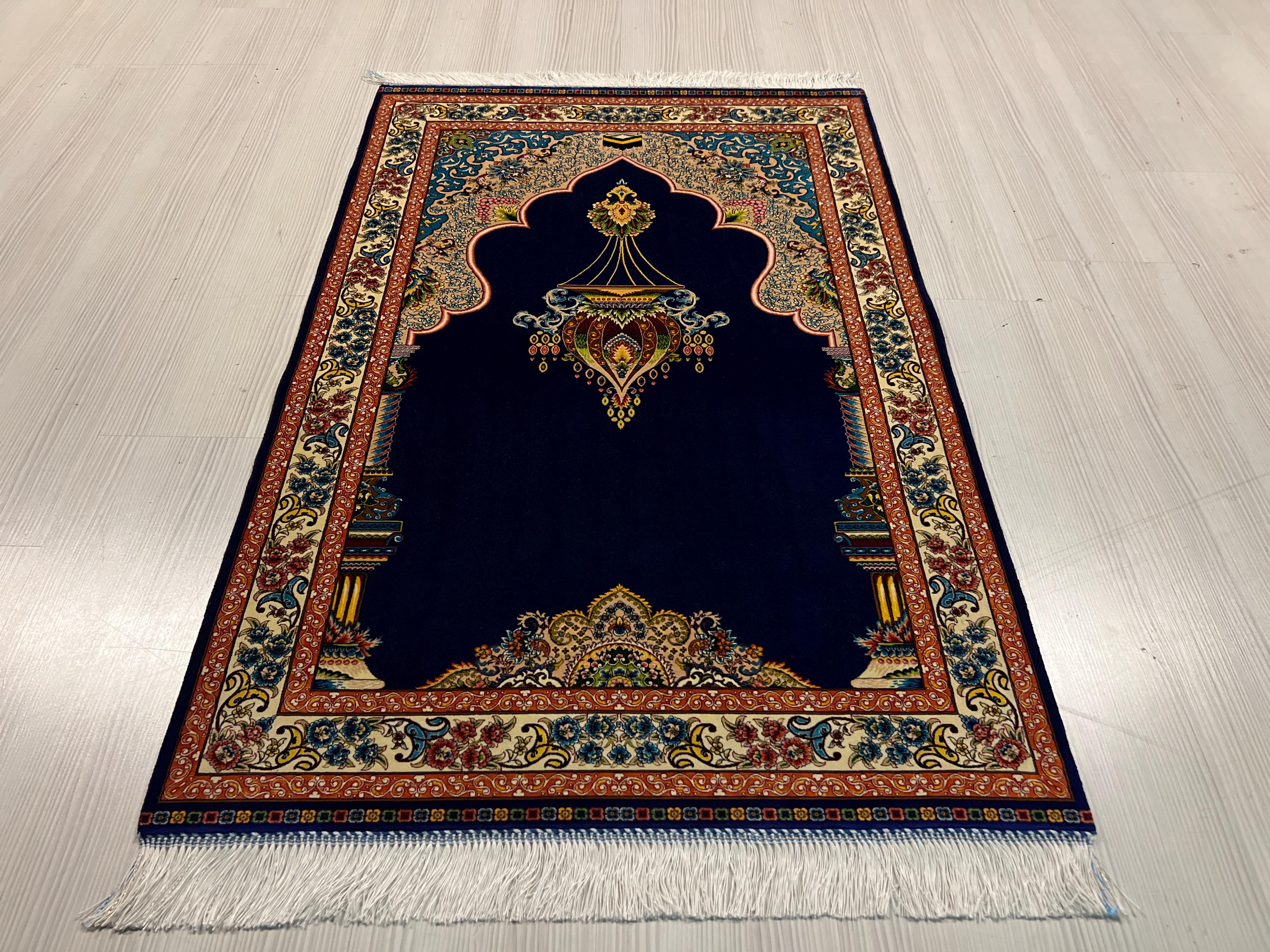 Dark Blue Silk Prayer Rug, Luxury Janamaz  Muslim Prayer Mat