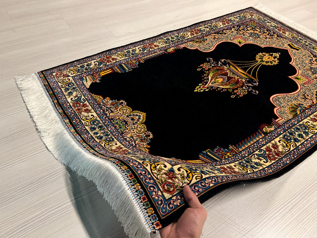 3x4 ft Navy Turkish Prayer Rug, Modal Silk Mihrab Accent Area Rug