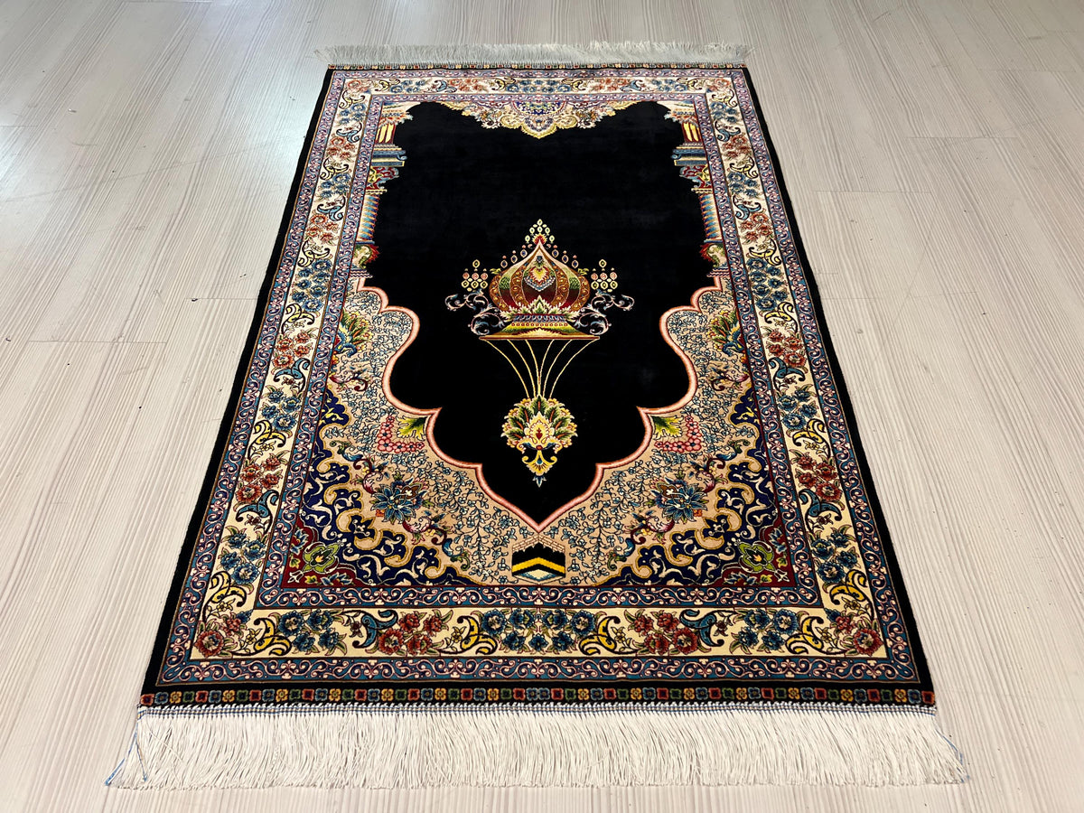3x4 ft Navy Turkish Prayer Rug, Modal Silk Mihrab Accent Area Rug