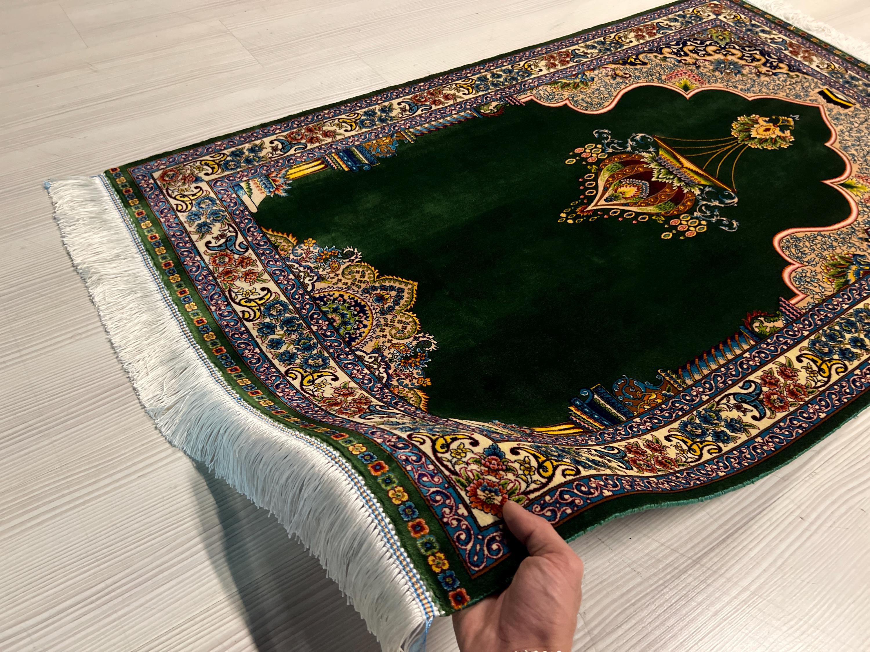 Green Floral Prayer Rug, Modal Silk Prayer Mat, Turkish Muslim Prayer Rug