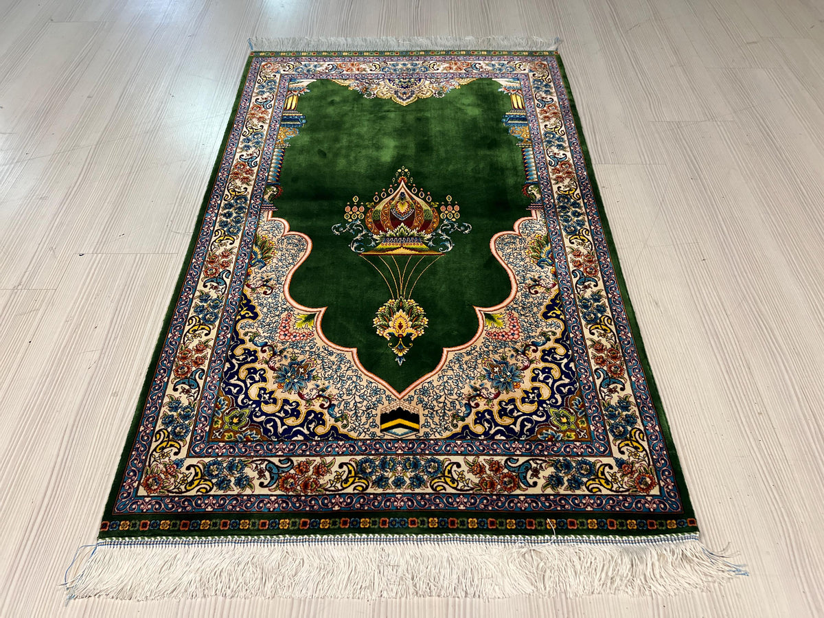Green Floral Prayer Rug, Modal Silk Prayer Mat, Turkish Muslim Prayer Rug