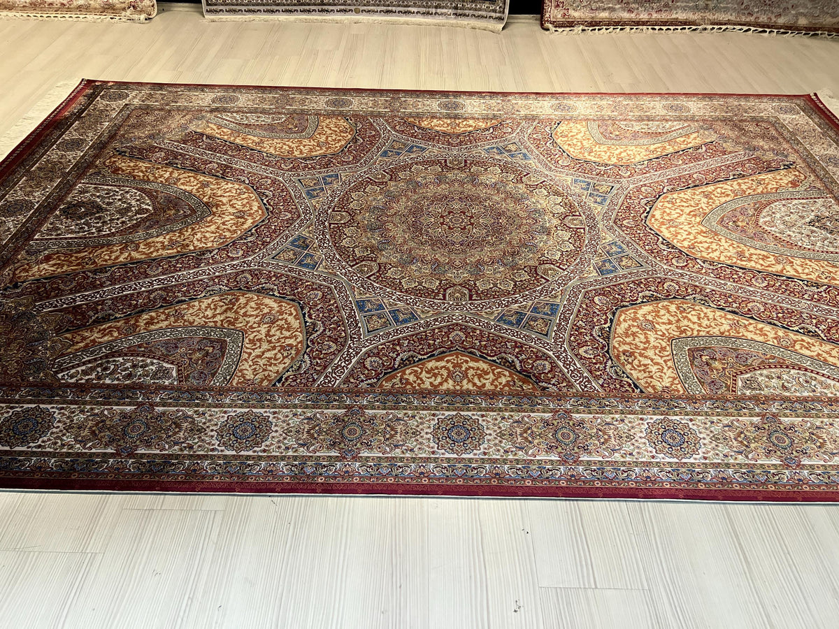 7x10 Beige Gold Silk Rug, Bordo Medallion Design Oriental Area Rug