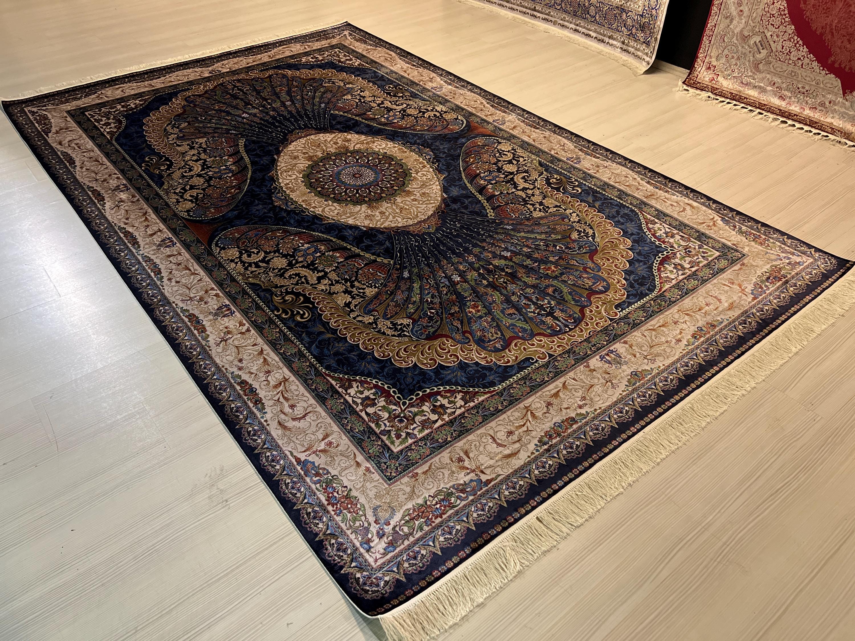 7x10 ft Large Bamboo Silk Area Rug, Navy Peacock Medallion Rug for Living Room