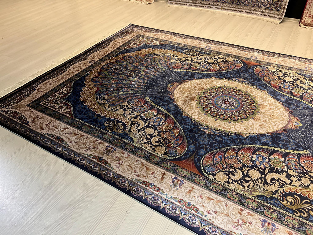 7x10 ft Large Bamboo Silk Area Rug, Navy Peacock Medallion Rug for Living Room