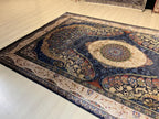 7x10 ft Large Bamboo Silk Area Rug, Navy Peacock Medallion Rug for Living Room