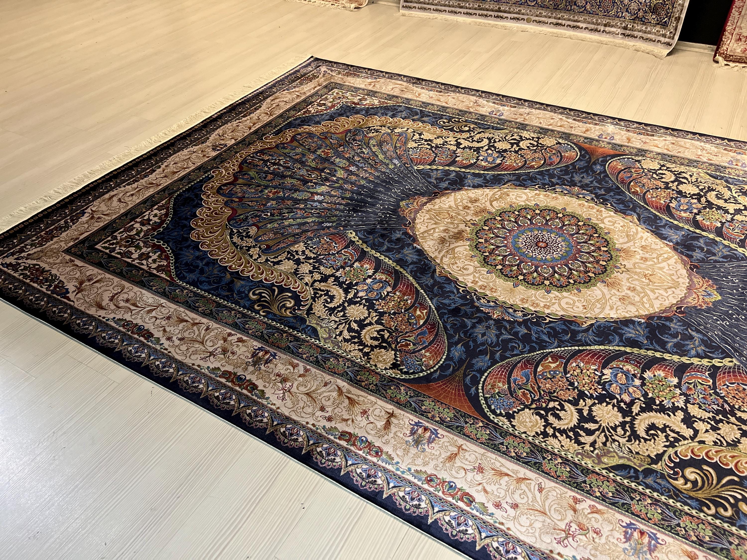 7x10 ft Large Bamboo Silk Area Rug, Navy Peacock Medallion Rug for Living Room