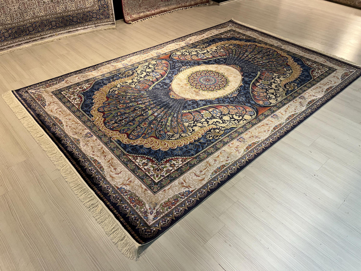 7x10 ft Large Bamboo Silk Area Rug, Navy Peacock Medallion Rug for Living Room