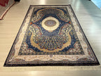 7x10 ft Large Bamboo Silk Area Rug, Navy Peacock Medallion Rug for Living Room