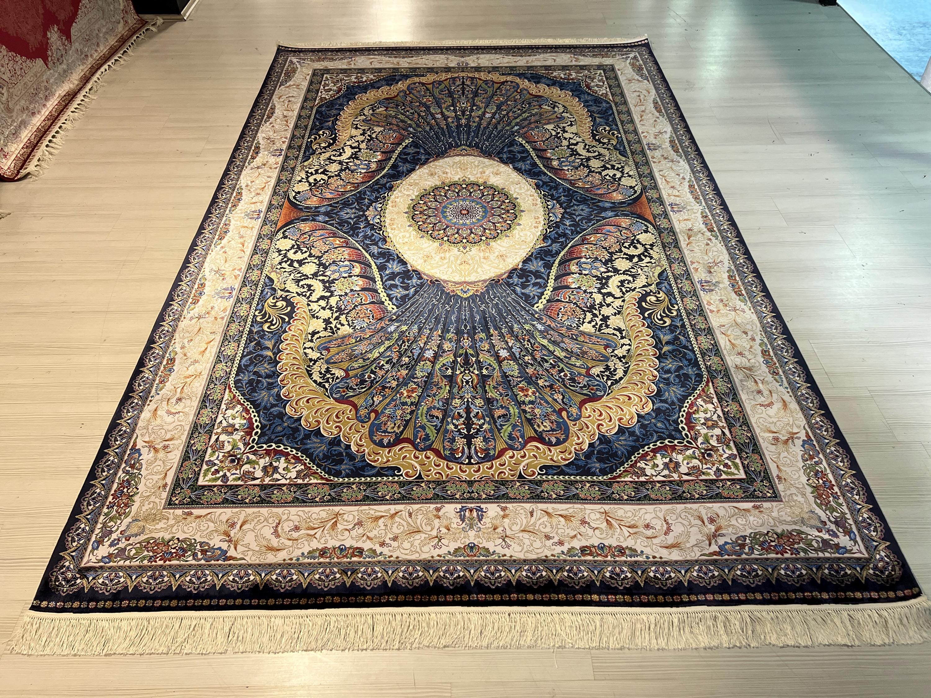 7x10 ft Large Bamboo Silk Area Rug, Navy Peacock Medallion Rug for Living Room