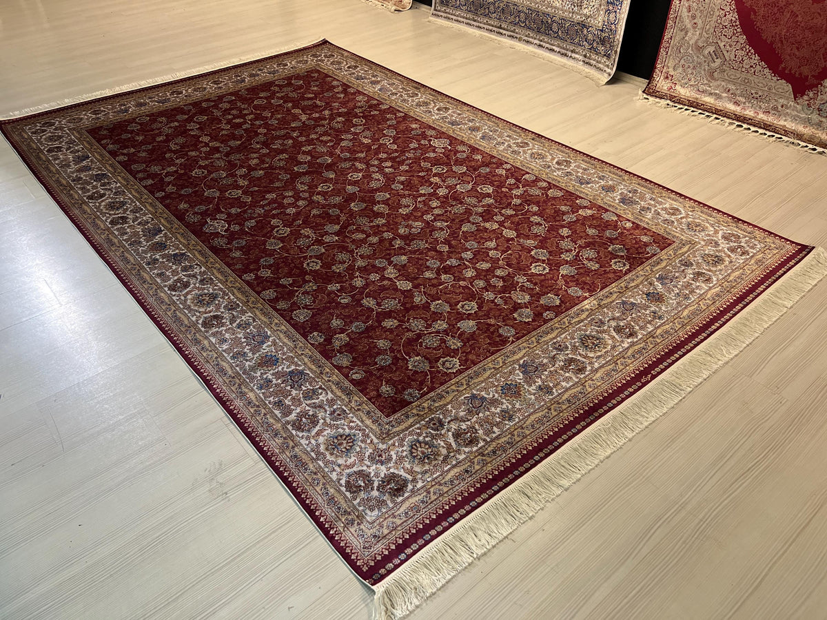 7x10ft Bamboo Silk Rug, Red Allover Floral, Classic Turkish Oriental Area Rug