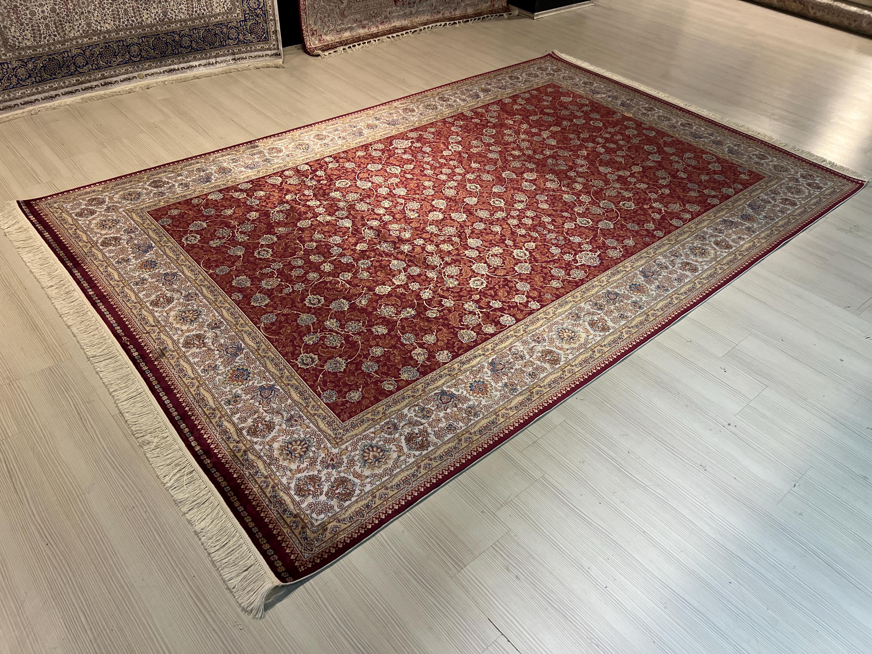 7x10ft Bamboo Silk Rug, Red Allover Floral, Classic Turkish Oriental Area Rug