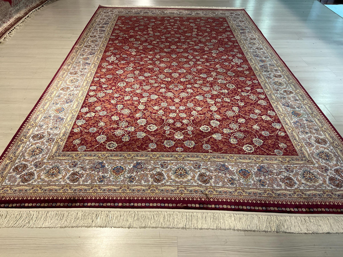 7x10ft Bamboo Silk Rug, Red Allover Floral, Classic Turkish Oriental Area Rug