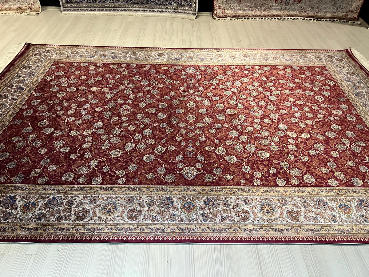 7x10ft Bamboo Silk Rug, Red Allover Floral, Classic Turkish Oriental Area Rug