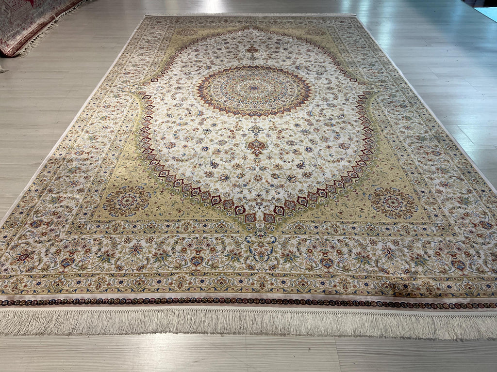 7x10 ft Gold Beige Silk Rug, Turkish Style Medallion Design  Modern Carpet