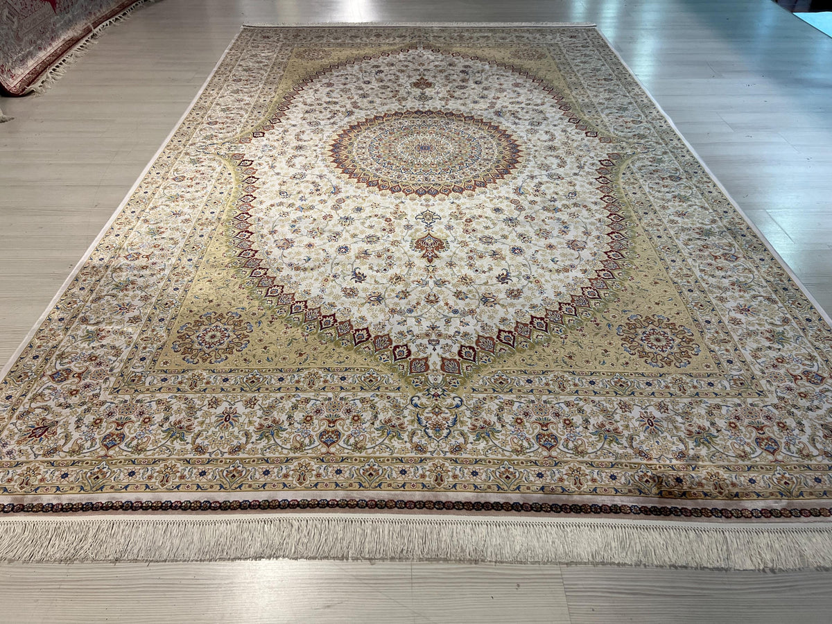 7x10 ft Gold Beige Silk Rug, Turkish Style Medallion Design  Modern Carpet