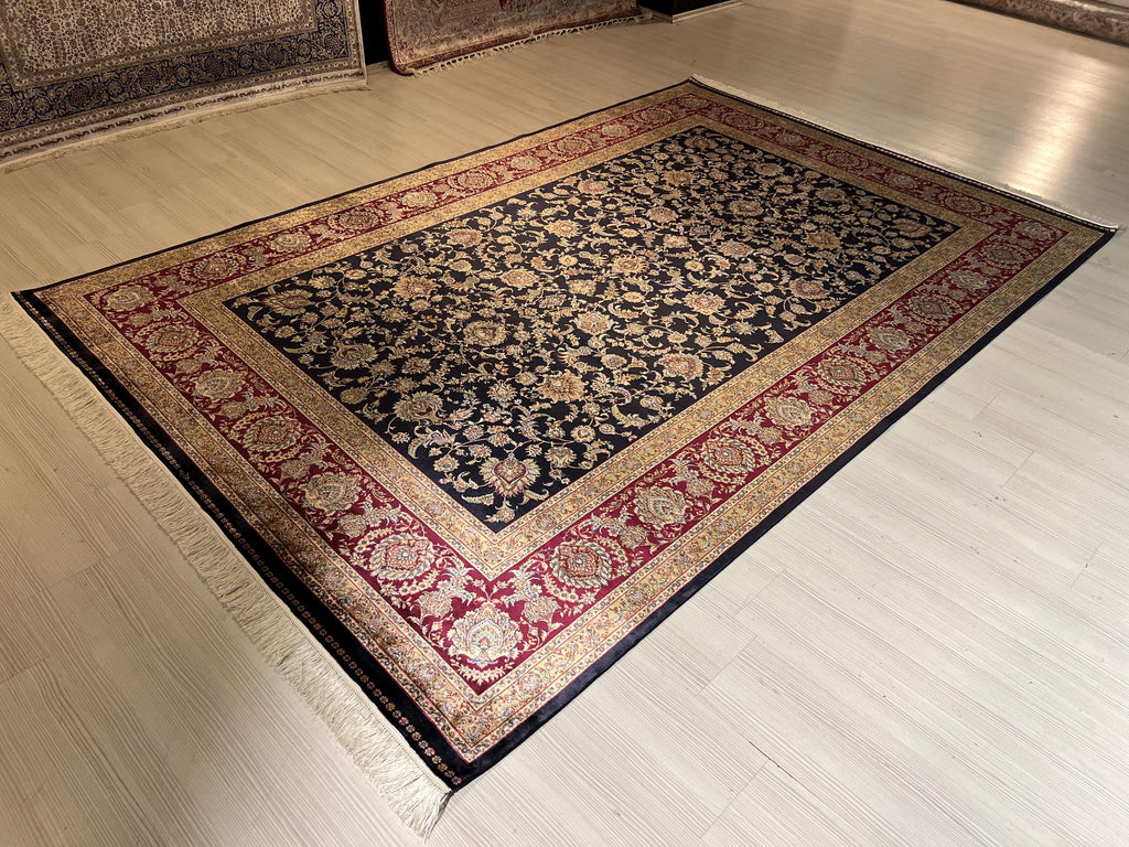 7x10 ft Navy Blue Burgundy Bamboo Silk Floral Rug,  Traditional Living Room Carpet
