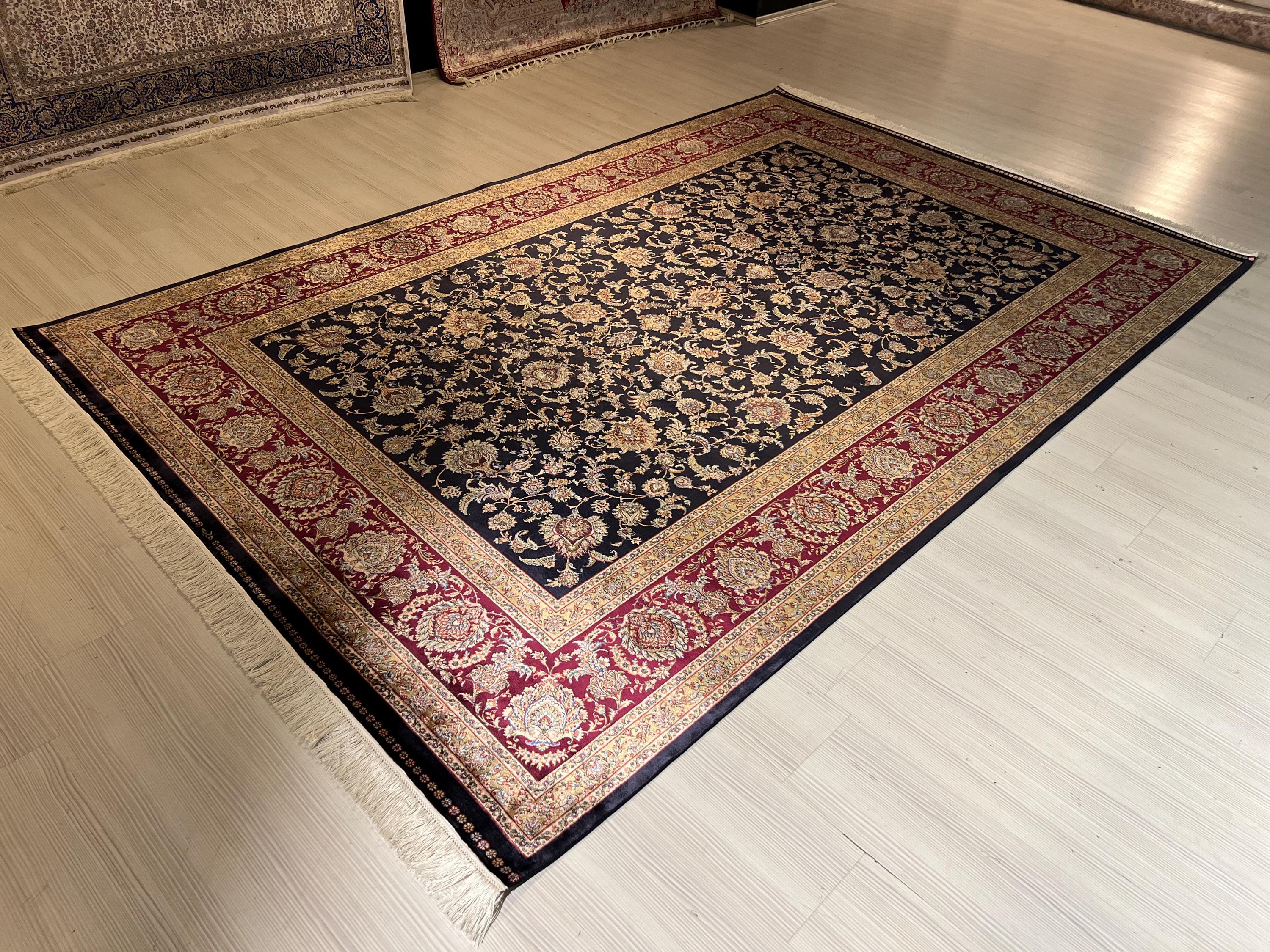 10x13 ft Navy Blue Turkish Modal Silk Rug , Classic Floral Luxury Area Rug