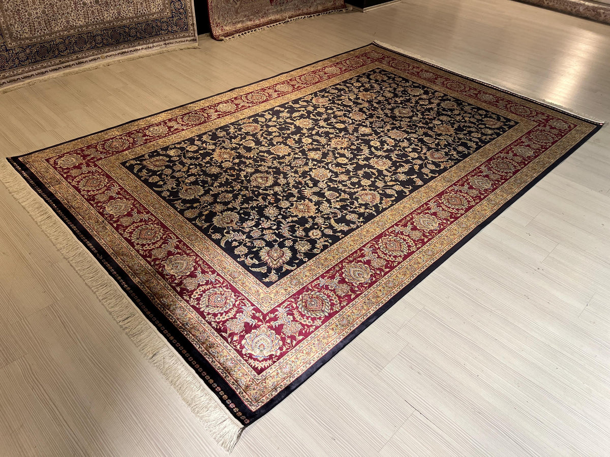 8x11 ft Navy Blue Silk Rug, Floral Patternd, Traditional Area Rug