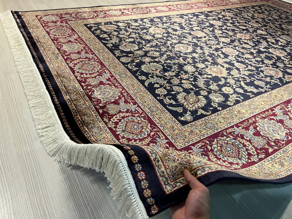 10x13 ft Navy Blue Turkish Modal Silk Rug , Classic Floral Luxury Area Rug
