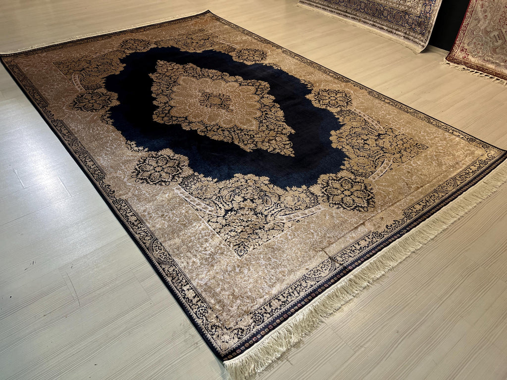 8x11 ft Navy Medallion Modal Silk Rug, Turkish Area Rug, Luxury Living Room Carpet