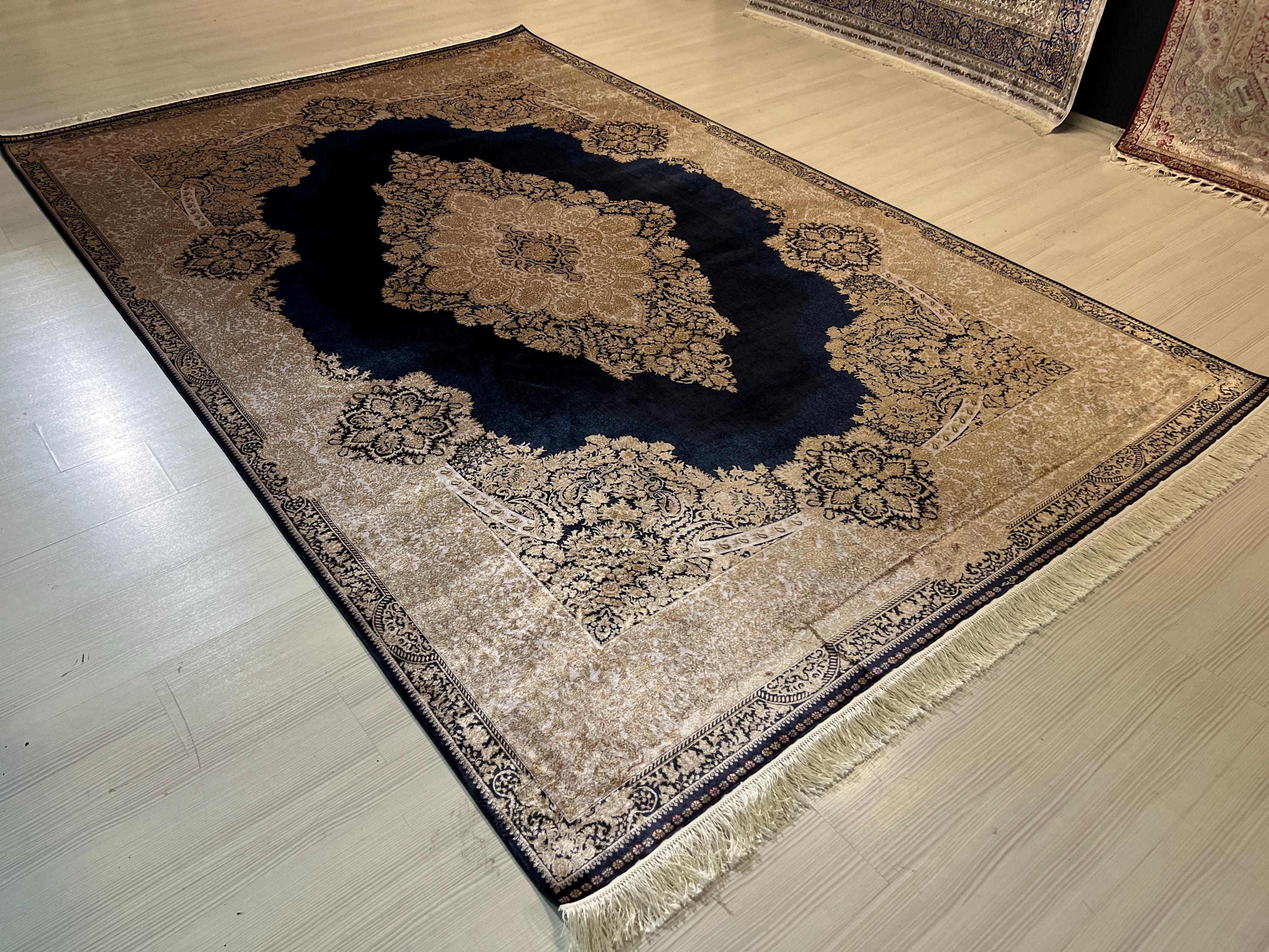 8x11 ft Navy Medallion Modal Silk Rug, Turkish Area Rug, Luxury Living Room Carpet