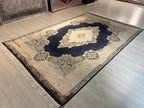 7x10 ft Gold Navy Blue Silk Rug, Turkish Style Medallion Rug