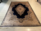 7x10 ft Gold Navy Blue Silk Rug, Turkish Style Medallion Rug