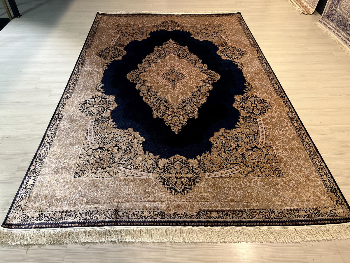 7x10 ft Gold Navy Blue Silk Rug, Turkish Style Medallion Rug