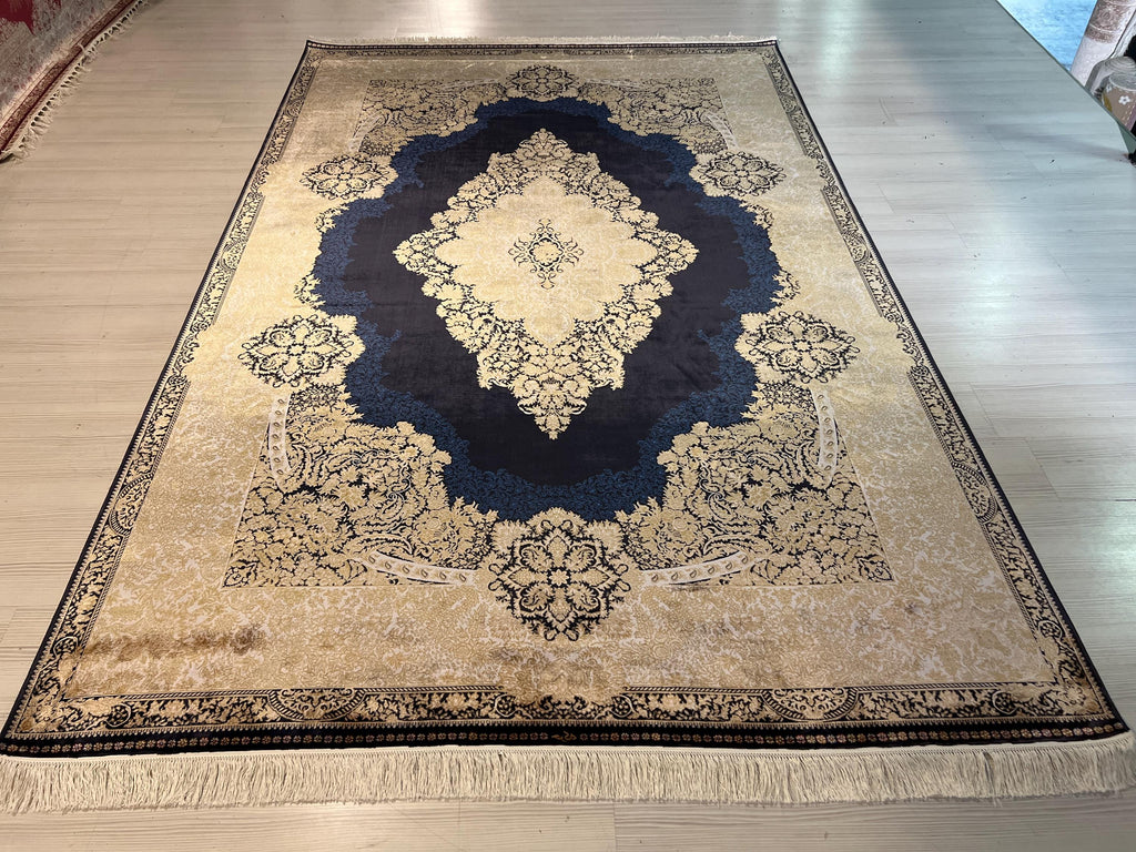 7x10 ft Gold Navy Blue Silk Rug, Turkish Style Medallion Rug