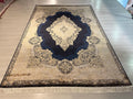 7x10 ft Gold Navy Blue Silk Rug, Turkish Style Medallion Rug