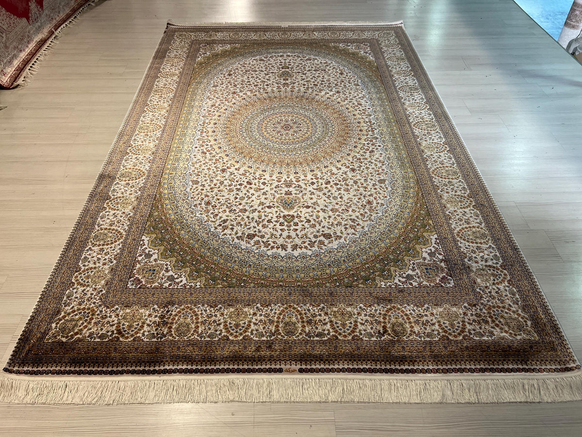10x13 ft Turkish Modal Silk Rug, Cream Medallion Classic Luxury Area Rug