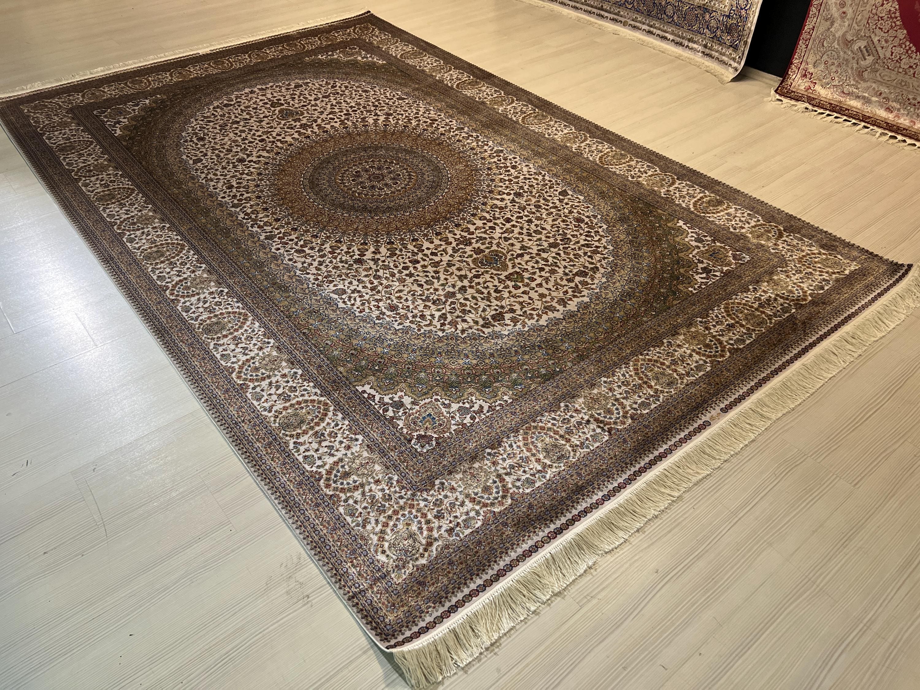 8x11 ft  Cream Olive Bamboo Silk Medallion Rug, Traditional Living Room Carpet