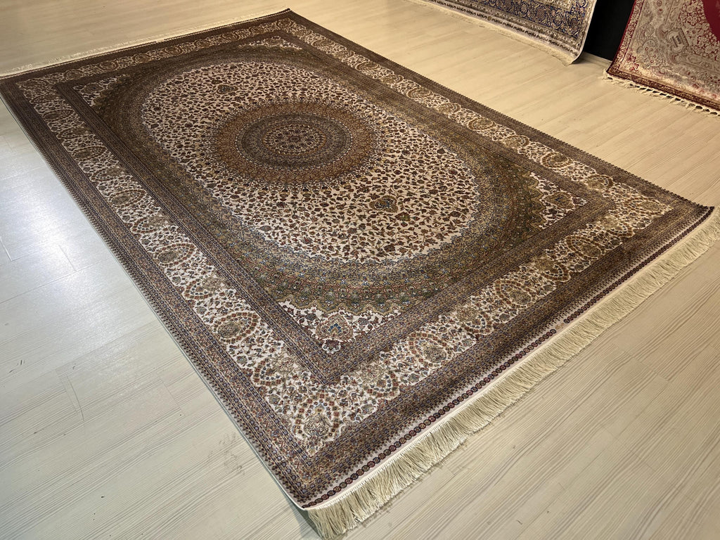 10x13 ft Turkish Modal Silk Rug, Cream Medallion Classic Luxury Area Rug