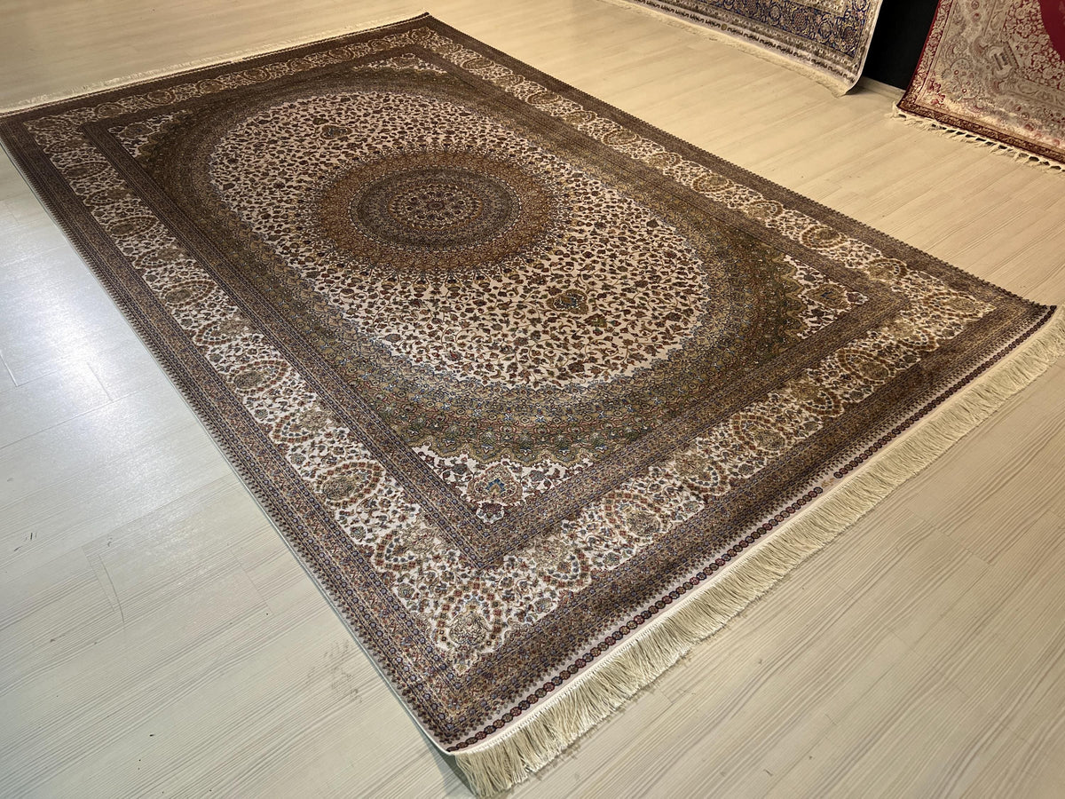 10x13 ft Turkish Modal Silk Rug, Cream Medallion Classic Luxury Area Rug