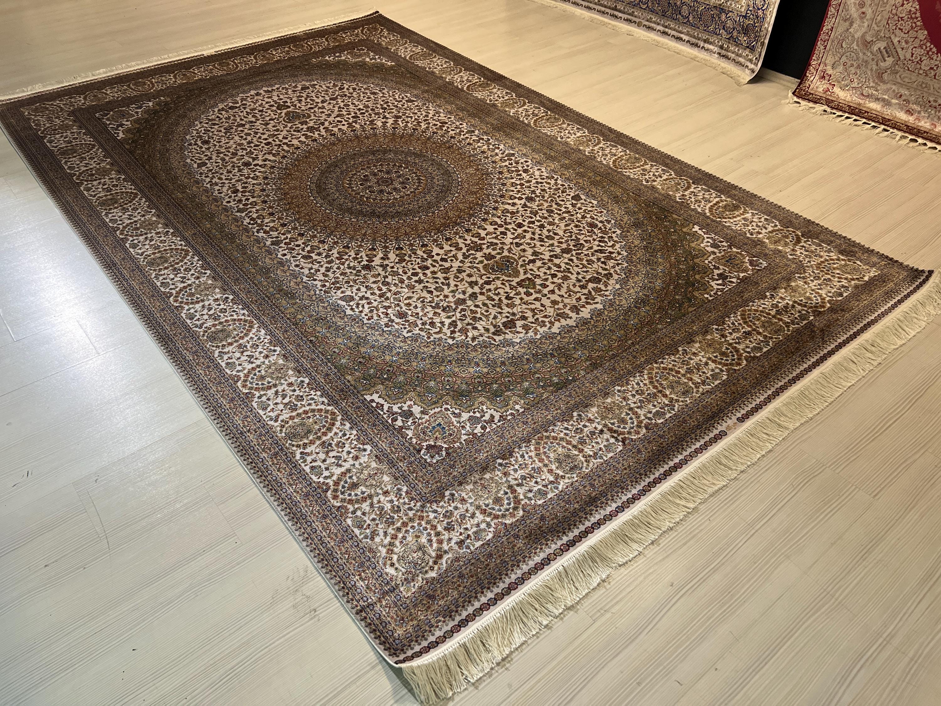 7x10 ft Beige Green Modal Silk Rug, Medallion Pattern Classic Rug