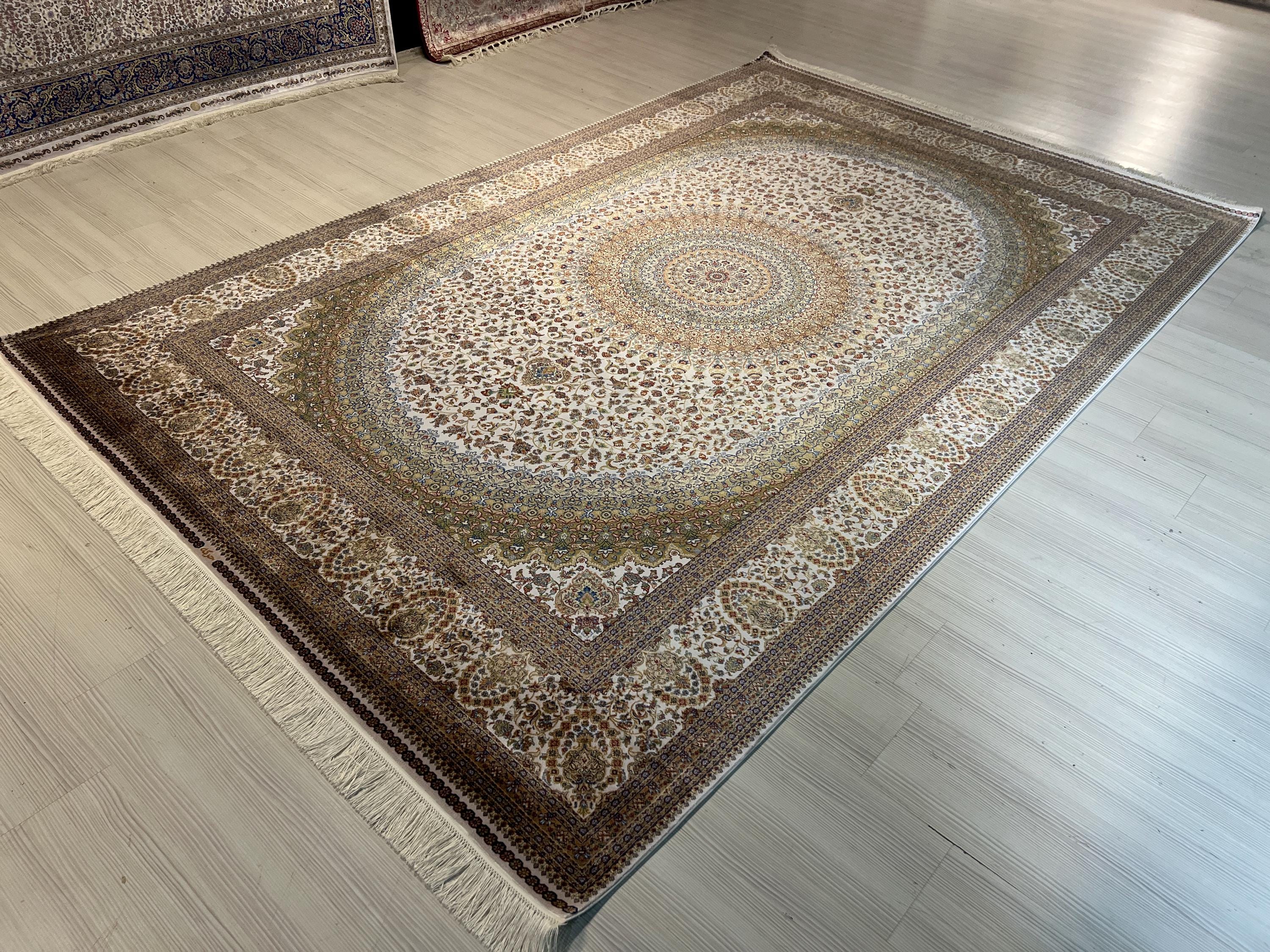 7x10 ft Beige Green Modal Silk Rug, Medallion Pattern Classic Rug
